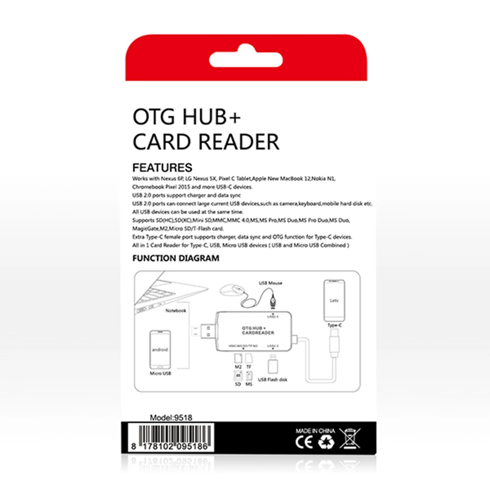 Универсальный OTG 2 порта USB2.0 концентратор с безопасной цифровой картой памяти/TF/MS/MMC/M2 кардридер расширение Телефона