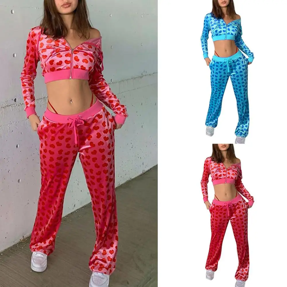 Y2K Women Love Printed Velvet Casual Wear Set Long Sleeve Hoodie Top Pants Two Piece Suits Autumn Jacket Streetwear Tracksuit 1