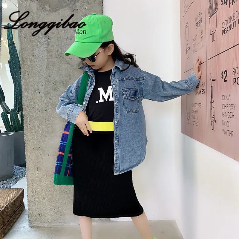 

Girls Korean version of the retro ocean denim cardigan sleeveless vest two sets of tide 2019 autumn new children's jacket