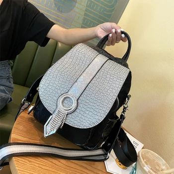 

Shiny Contrasting Color Backpack 2020 New Women's Bag Tassel and Diamond Dual-use Soft Leather Leisure Travel Bags Mochila Mujer