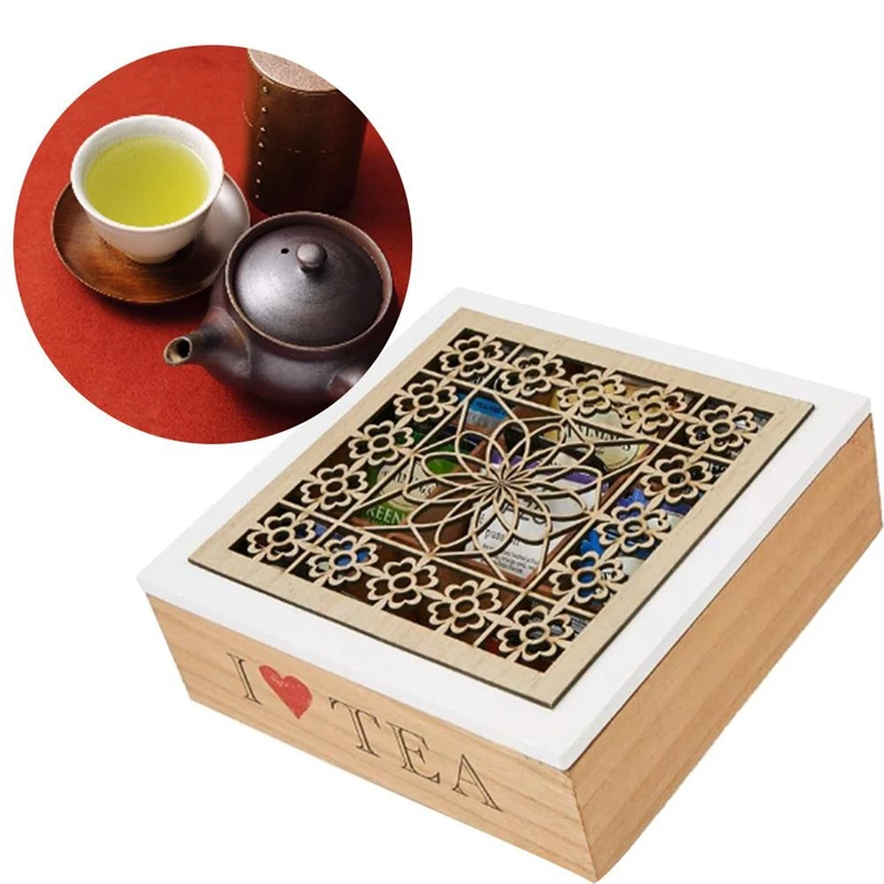 Деревянная коробка для хранения, 9 ячеек, коробка для хранения чая и кофе, кухонная полый контейнер для конфет и чая, органайзер для хранения