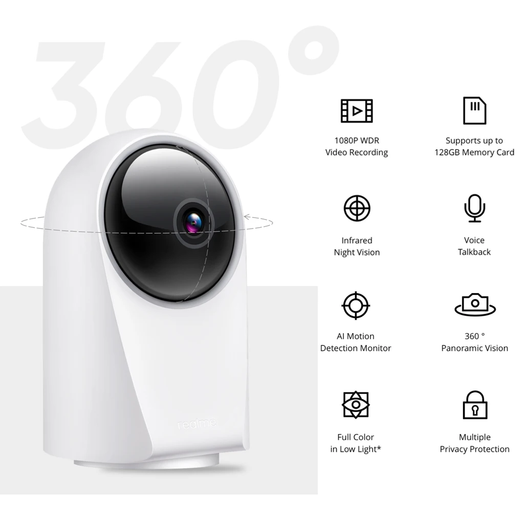 realme Smart Camera Wifi 360° 1080p Video Recording AI Motion Detection Monitor 360° Vision Supports up to 128GB Memory Card