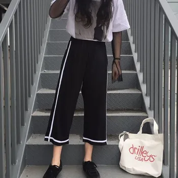 

New 2020 Comfy Loose Casual Black Wide Leg Pants Fashion Chic Mid Waist Ankle-length Pants For Women