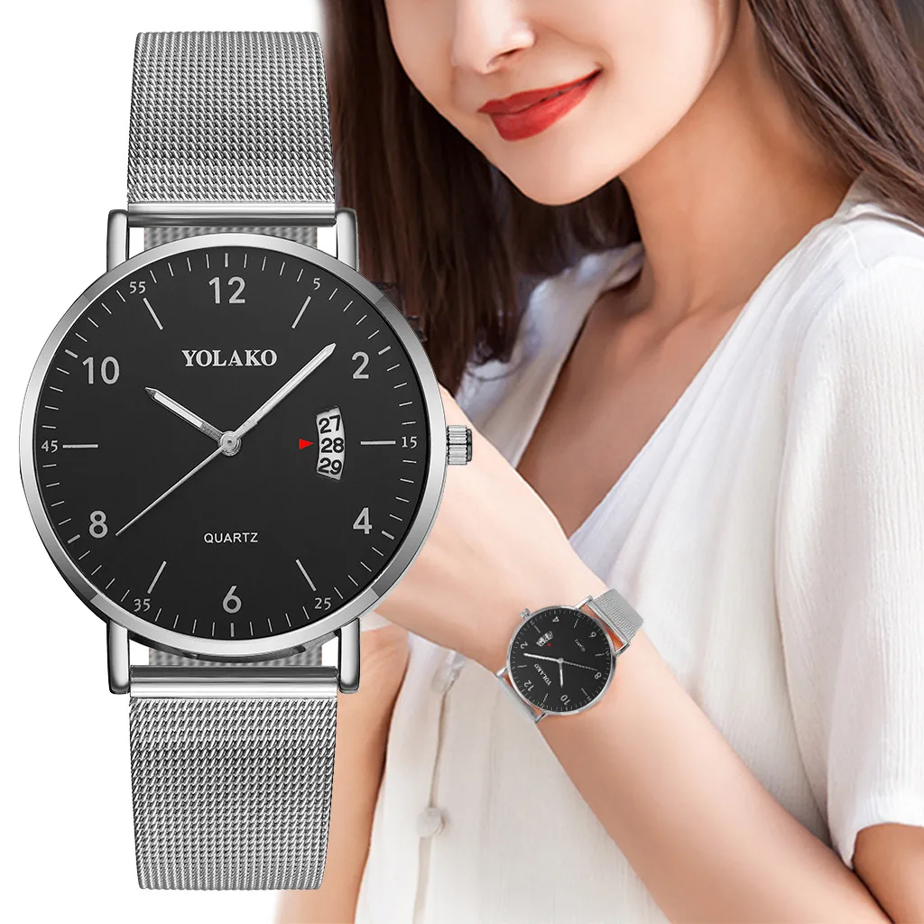 

YOLAKO Women's Watches Watch reloj mujer Clock relogio Sleek Minimalist Calendar Stainless Steel Mesh Belt Quartz Watch #50