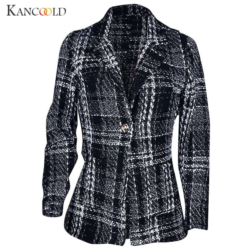 KANCOOLD Женское пальто, короткий однотонный клетчатый повседневный костюм с длинным рукавом и карманами, шерстяное пальто на одной пуговице, Модное Новое Женское пальто 2019DEC4
