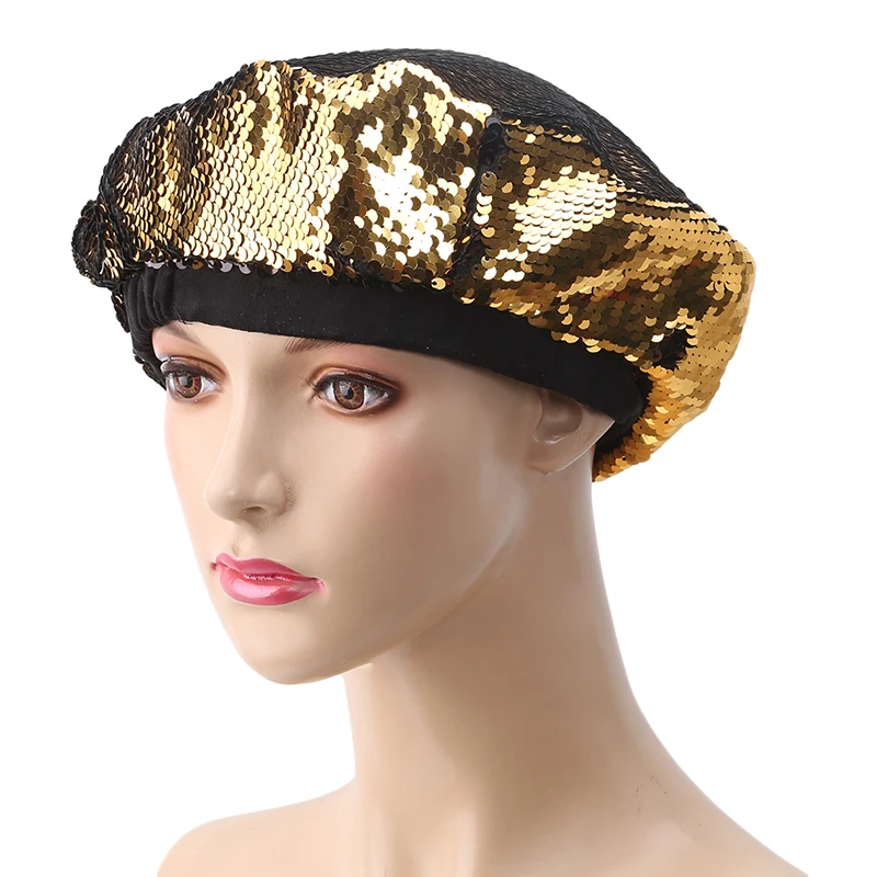 Women Sequins Hat Shiny Costume Jazz Glitter Dance Beret Flat Cap Ladies Fashion Accessories Beanie