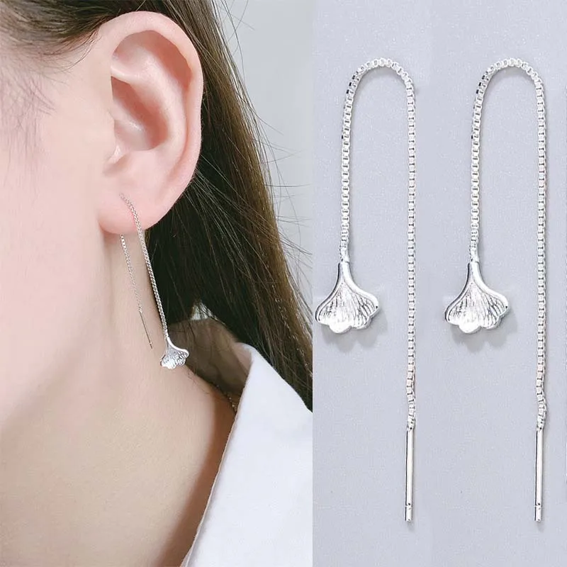 

Trendy Ginkgo Leaf Ear Line Temperament Leaf Shape Earrings for Women Silver Color Long Earring Jewelry Accessories Gift