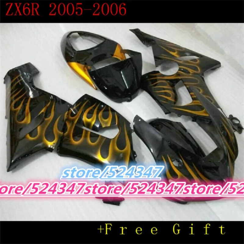For KAWASAKI NINJA ZX6R 05-06 J986 ZX-6R ZX 6R 636 ZX636 05 06 2005 2006 black yellow flames Fairing for Ninja | Автомобили и