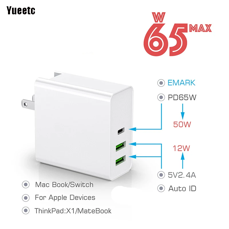 

Yueetc 65W PD QC 3.0 USB Charger Adapter For Switch Macbook Type C Fast Charger For iPhone Samsung Xiaomi Wall Charger
