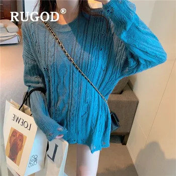 

RUGOD Korean New Style Chic Hollow-out Pullover Solid Color O-neck Loose Long-sleeve Sweater Winter Tops For Women Fashion 2019