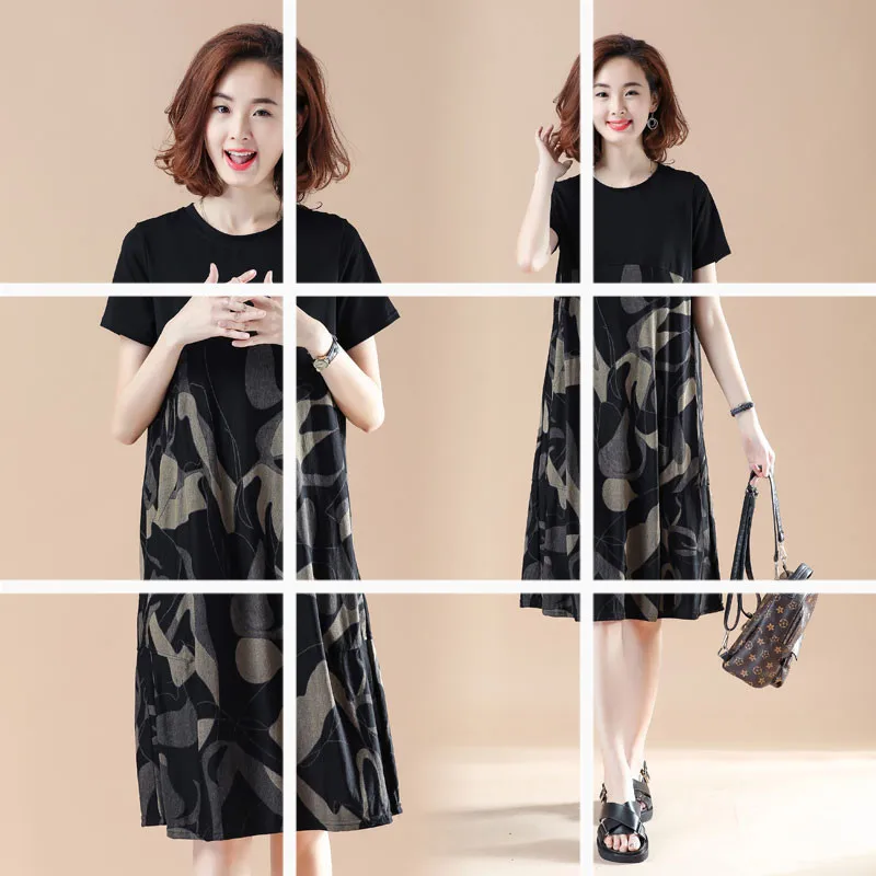 

Large Size Dress Summer Loose-Fit Fat Mm Mid-length Printed Camouflage Joint Short-sleeve Dress Women's