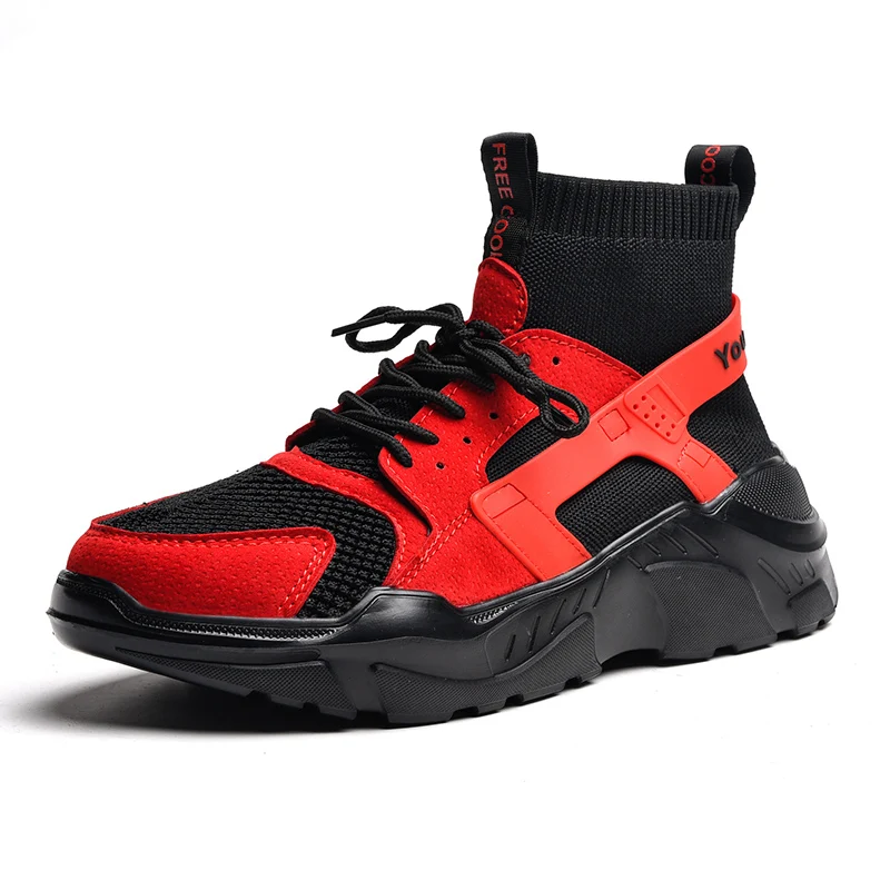

New Casual Sneakers Men Fall Winter High Top Men Shoes Leather + Fabic Upper Sock Shoes Black Red Sapato Masculino