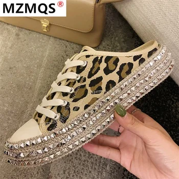 

Sneakers Woman 2020 New Rivets Leopard Print Women Canvas Half Slippers Fashion Women Round Head Women Casual Shoes Plus Size