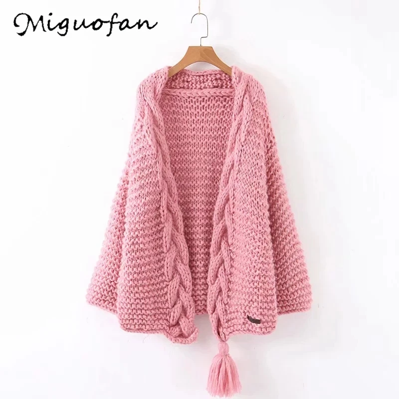 Miguofan свитера с драпировкой толстые длинные кардиганы женские свитера оплетка зимнее теплое пальто длинные куртки длинные свитера женские джемперы Новые - Цвет: Розовый