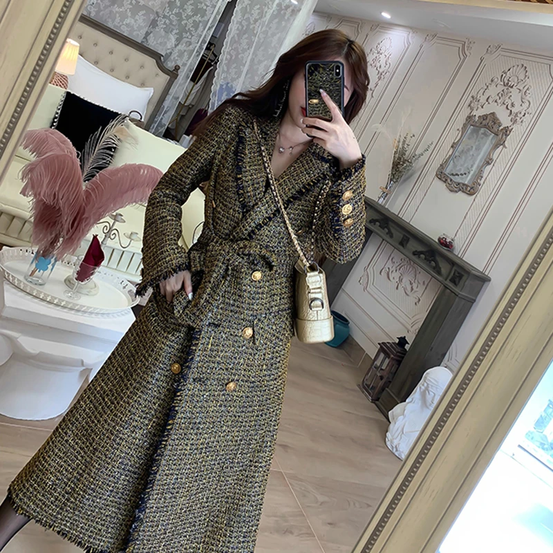 TWOTWINSTYLE, Лоскутная, с кисточками, в клетку, женские пальто, воротник с лацканами, длинный рукав, высокая талия, с поясом, куртка для женщин, мода, новинка
