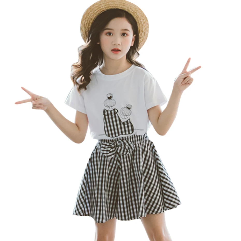 Ropa niñas patrón a cuadros, ropa para adolescentes, camiseta + falda, disfraz para 2022|set ropa| - AliExpress