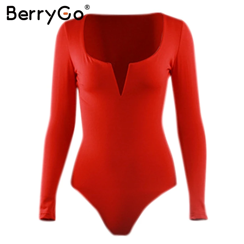BerryGo, сексуальный Облегающий комбинезон с v-образным вырезом, женский, Повседневный, длинный рукав, однотонный, тонкий комбинезон, Осень-зима, женский, шикарный, боди - Цвет: Красный