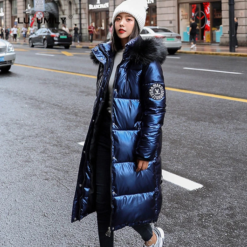 Lusumily abrigo largo de plumón para mujer, chaqueta elegante de grande, cálida, Parka de gran tamaño con capucha, brillante, invierno, - AliExpress