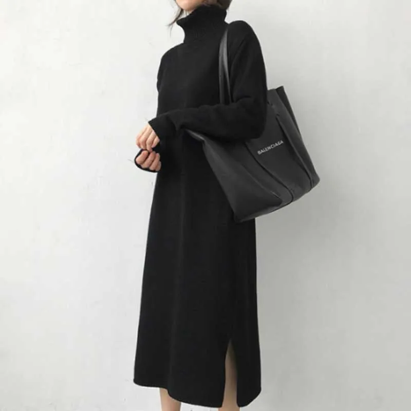One-Piece For Female Knitted Sweater Long Dress 2020 Autumn Plus Size Loose High Neck Dress Women Winter Korean Thicken Dresses