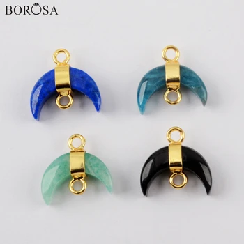 

BOROSA Crescent Moon Lapis Black Agates Pendant Connector for Bracelets Making Gold Color Horn Charms for Women Necklace WX1543