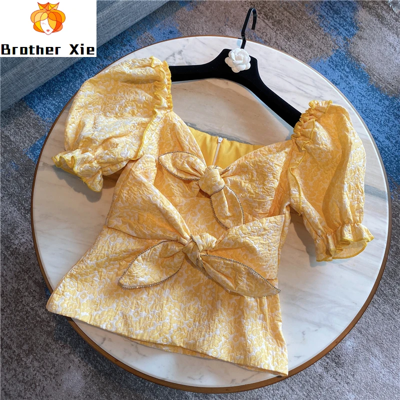 

Women Blouse Spring and Summer Sweet Elegant Hand-made Diamond Edge Bow Lace Puff Sleeve Tops Shirts Blusas Mujer De Moda 2020