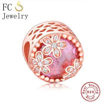 

FC Jewelry Fit Original Brand Charm Bracelet Authentic 925 Silver Rose Gold Daisy Pink Cubic Zirconia Bead Making Berloque NEW