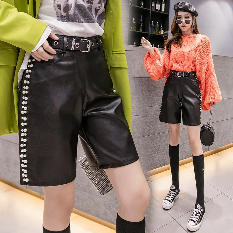 Из искусственной кожи шорты Для женщин жемчуг прямого кроя Harajuku Стиль корейско-Стиль боковой бисером Широкие шорты