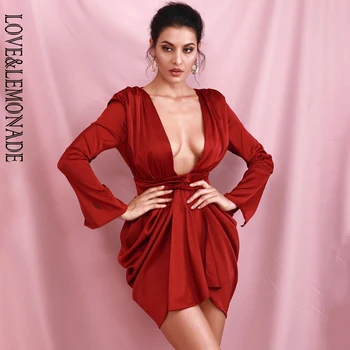 

LOVE&LEMONADE Sexy Deep Red V-Neck High Waist Sleeve Split High Waist Shrug Long Sleeve Fit Mini Dress LM82157