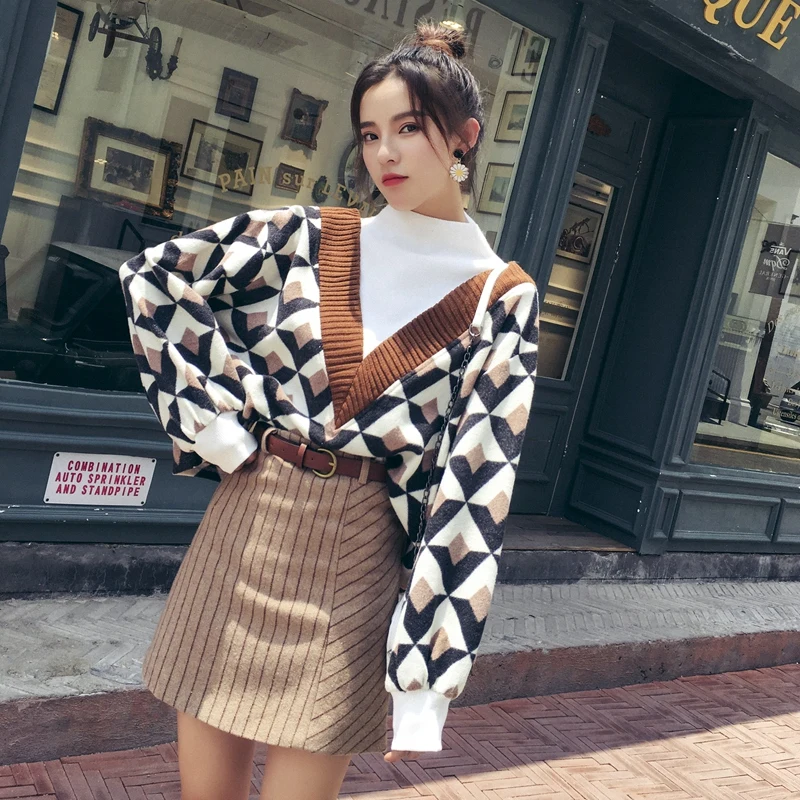 

Women Fashion V Shaped Geometry Half Turtleneck Pullover Sweater + High Waist Striped Mini Skirt Set Autumn Sashes 2-pieces Set