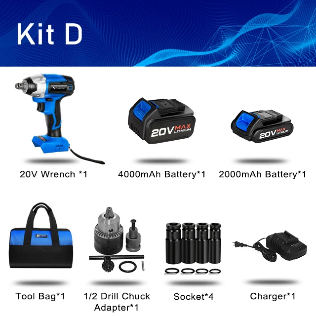 KIT D PROSTORMER беспроводной ключ 4000 нм максимальный крутящий момент торцевой ключ 20 в мАч литий-ионный аккумулятор гаечный ключ электроинструменты - Цвет: KIT D