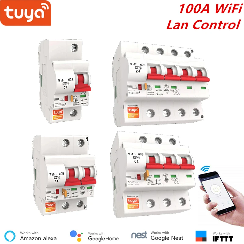 Tuya 스마트 와이파이 회로 차단기, 스마트 릴레이 자동 스위치, 과부하 단락 보호 랜 제어, 100A, 1P, 2P, 3P, 4P