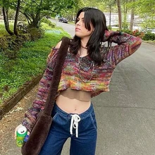 

New Style Cropped Sweater Knitted V Neck Colorful Gradient Ribbed Tops Women Korean Casual Girl's Knit Jumper Streetwear