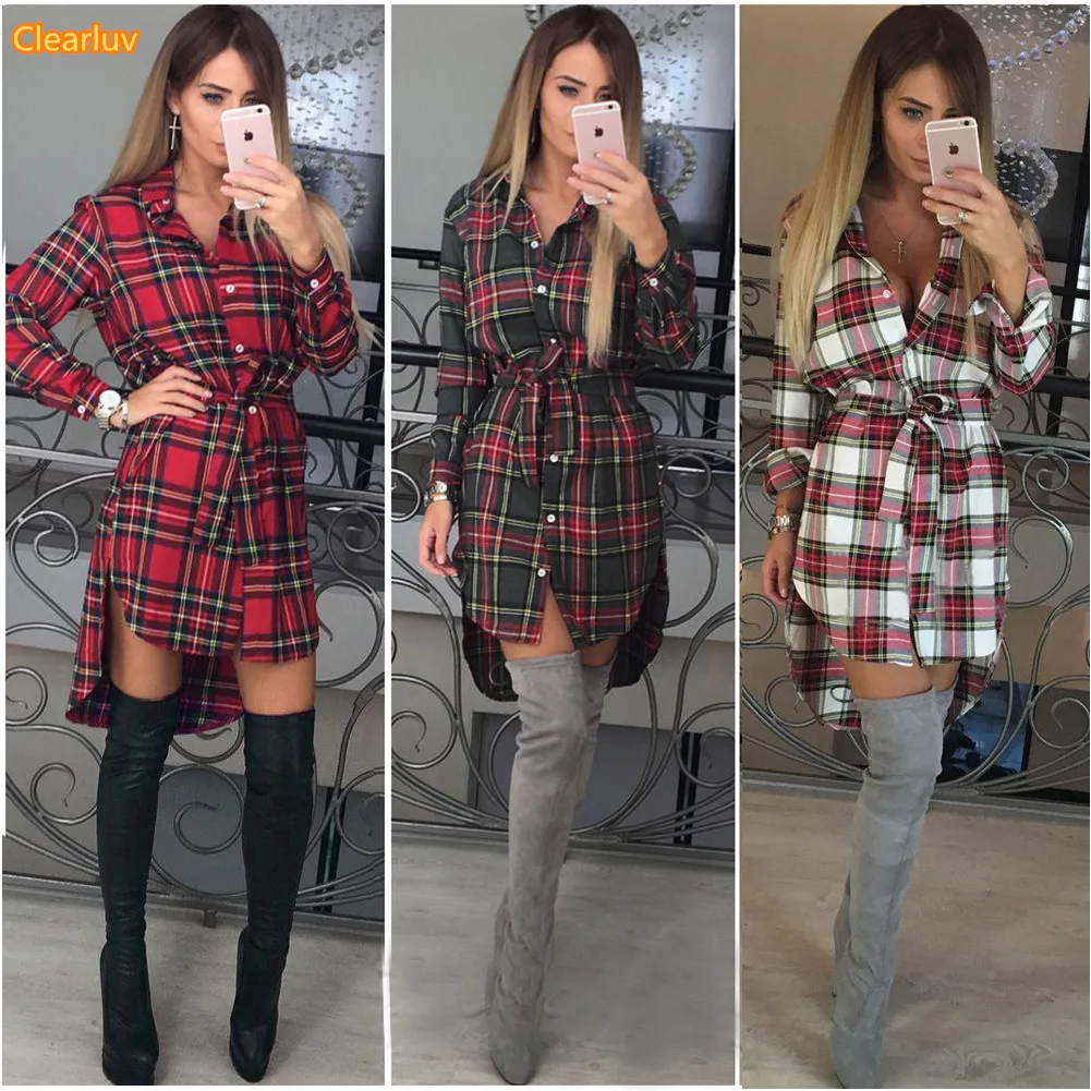 Goede 2019 Winter Rode Plaid Jurk Lange mouwen Casual Hot Plaid Dress Shirt Bodycon Plus Size Katoen Plaid Mini Jurk Party vestidos