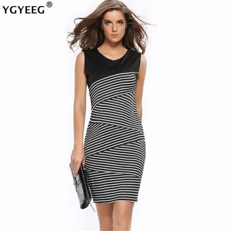 Женское облегающее платье YGYEEG черно белое карандаш в полоску с v образным вырезом