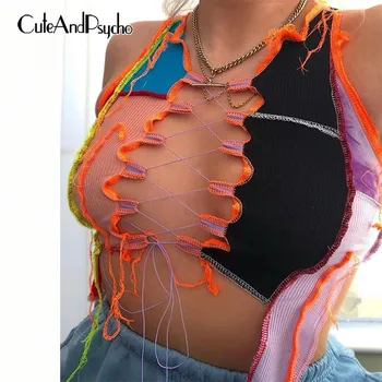 

Clubwear Colorful y2k Tank Top Bandage Vest Sexy Hollow Out Camisole Women Punk Style Ribbed Knitting Crop Tops Cuteandpsycho