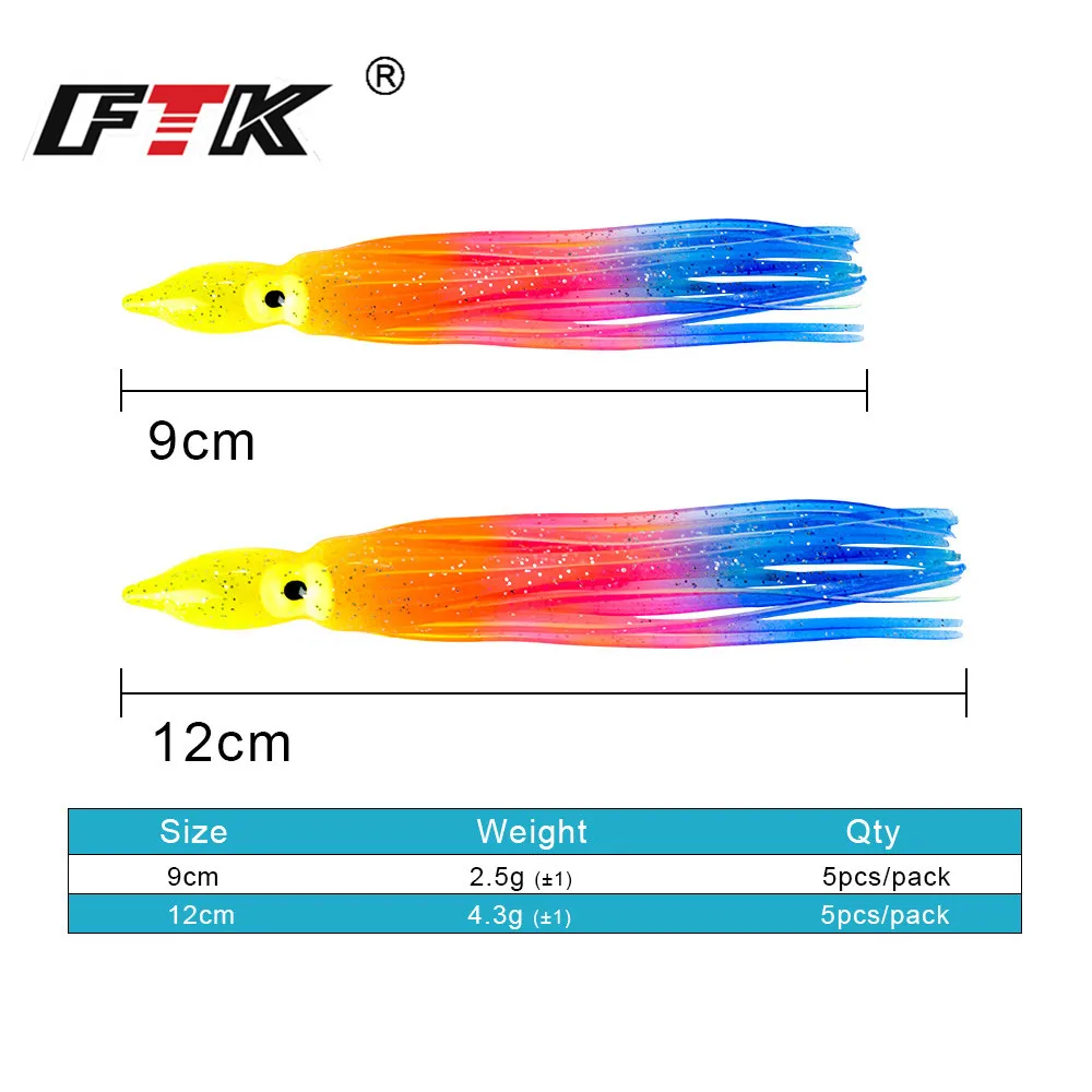 FTK 15pcs/lot 9/12cm Luminous Octopus Squid Jigs Fishing Lure Shrimp Squid Rigs Artificial Bait Sea Fishing Mix Colors