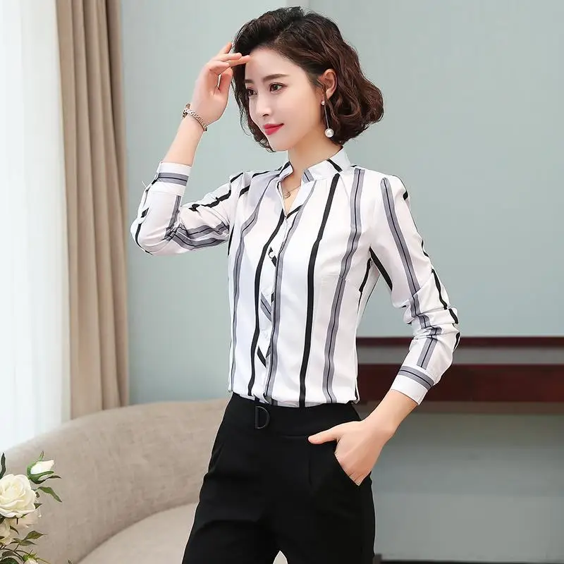 French Fashion Women's Long Sleeve Chiffon Shirt, Soft Slim Lady's Blouses, Printed with Black and White Stripes, Summer