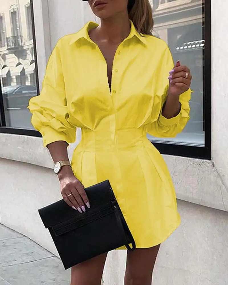 Однотонная Женская туника с длинным рукавом приталенное мини-платье-рубашка