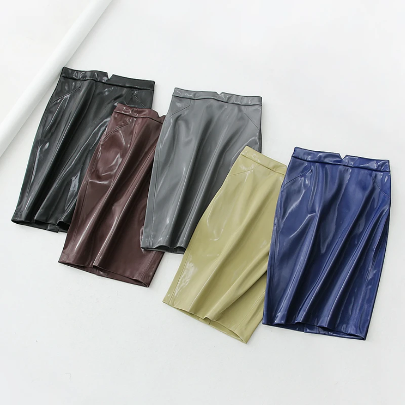 Юбка-карандаш Женская средней длины однотонная блестящая кожаная облегающая