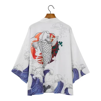 

#3651 Summer White Kimono Jacket Men Cardigan Beach Thin Japan Style Vintage Kimono Outerwear Hawaiian Fish Print Kimono Capes