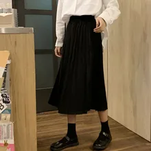 Однотонная женская плиссированная юбка в консервативном стиле, осенняя Повседневная Женская юбка трапециевидной формы с высокой талией, модная Корейская миди Женская юбка до середины икры