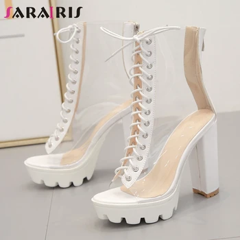 

SARAIRIS Ins Hot New Female Summer Sandals Peep Toe PVC Lace Up Block Heels Sandals Women 2020 Casual Party Club Shoes Woman