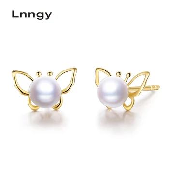 

Lnngy 18K Yellow Gold Cute Earrings Natural Freshwater Pearl Stud Earrings Butterfly High Luster White Pearl Earrings Gifts