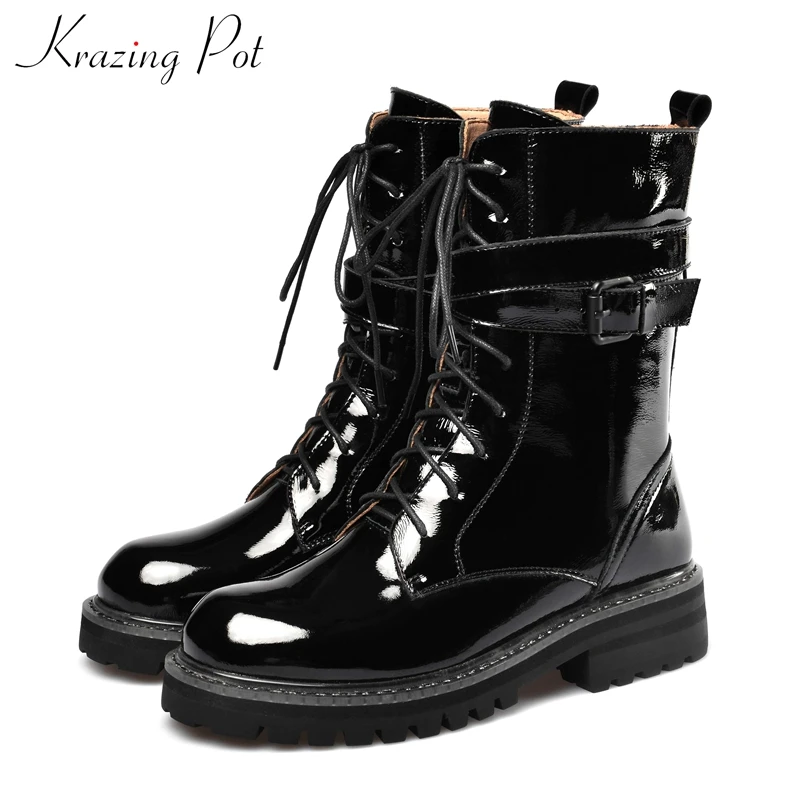 

krazing pot black color genuine leather lace up round toe belt buckle winter women warm fashion handsome punk mid-calf boots L23