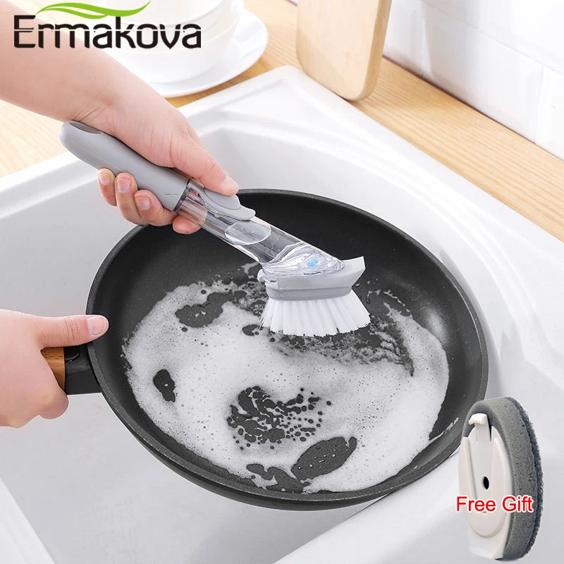 

ERMAKOVA Soap Dispensing Dish Sink Brush Kitchen Replaceable Pot Scrubber Dispenser Cleaner with Extra 1 Sponge Brush Head