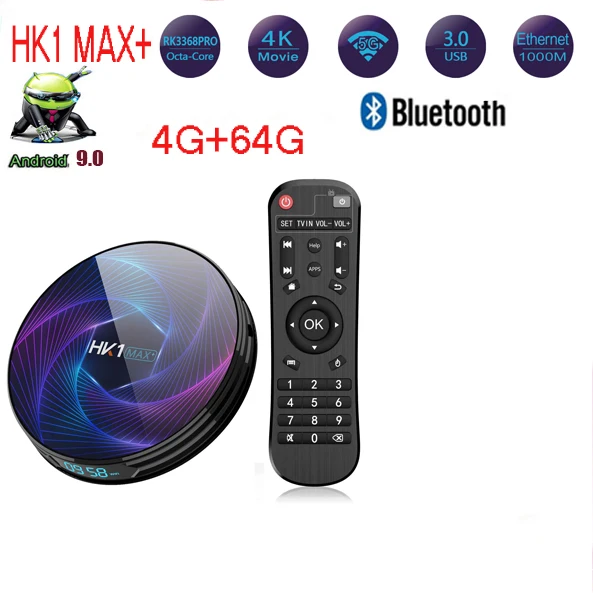 HK1 MAX Plus Восьмиядерный 1000m lan порт bt4 Android 9,0 Smart tv Box 4G 128G 64G 32G RK3368PRO usb 3,0 H.265 4K youtube Netflix - Цвет: 4G 64G