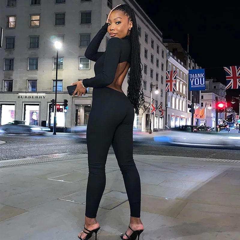 

Ladies Backless Hollow Out Black Long Sleeve Jumpsuit Women Bodycon Turtleneck Skinny Sexy Zipper Womens Jumpsuit Female Overall
