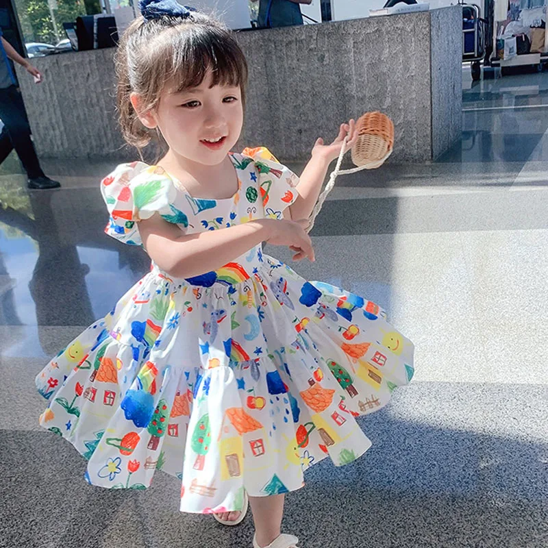 Summer Girls' Puff Sleeve Casual Cartoon Party Princess Dress Cute Children's Wear Baby Kids Girls Clothing girls dress,princess costume,kids clothes