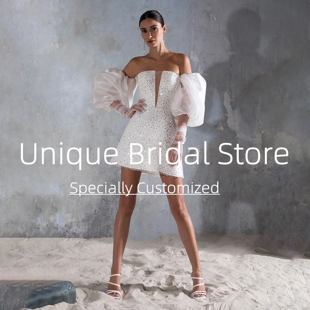 UETEEY A-Line Short Wedding Dress Sequined Long Puff Sleeve Plus Size Lace Up Back Wedding Gowns 2022