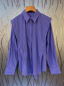

2020 Early Autumn New Women's Flip Leader Shoulder Irregular Decorative Striped Long Sleeve All-match Shirt 826